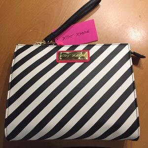 Betsey Johnson black white strip cosmetic wristlet